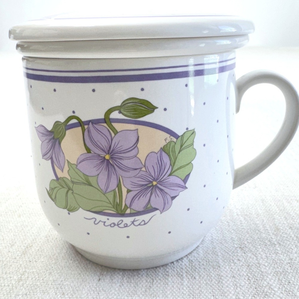 Papel Violets Tea Infuser Mug with Lid and Strainer Ceramic Floral 3 Piece Set
